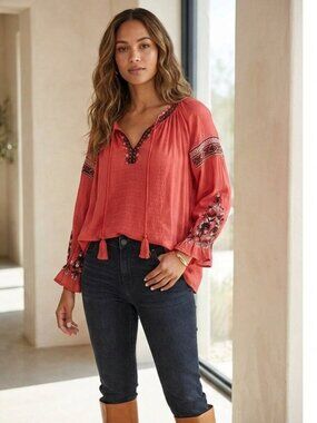 Alicia Pageboy M Red Aztec/Tribal Embroidered V-Neck Tassle Tie Front Boho Top